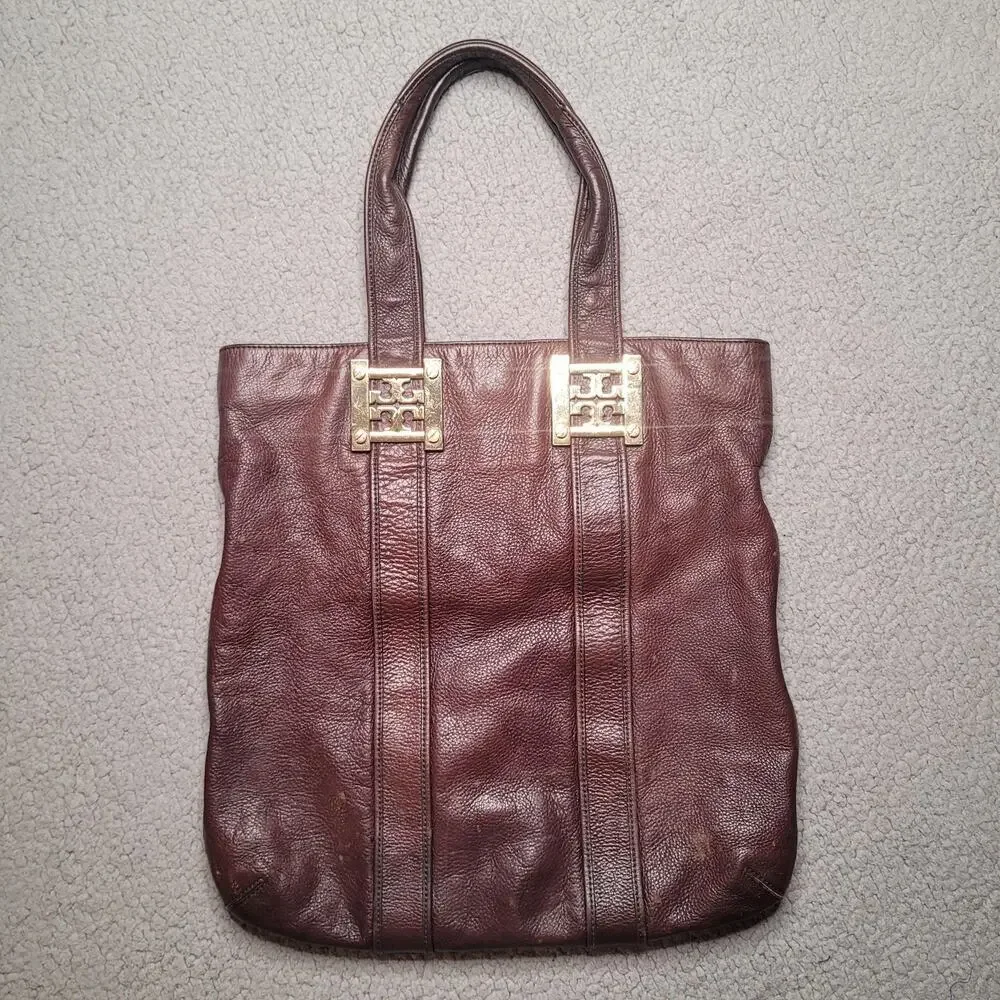 Tory Burch Tote Bag Large Brown Leather Pebbled Top Handle Logo Zip Purse